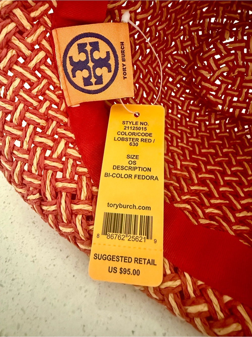 Tory Burch Lobster Red and Natural Woven Straw Fedora with Red Ribbon - Picture 5 of 5